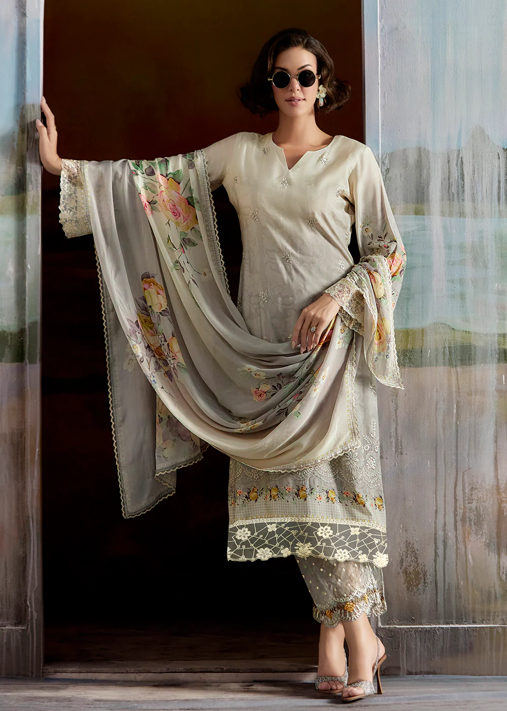 Ombre Off White & Grey Pure Muslin Festive Salwar Suit - Image 3