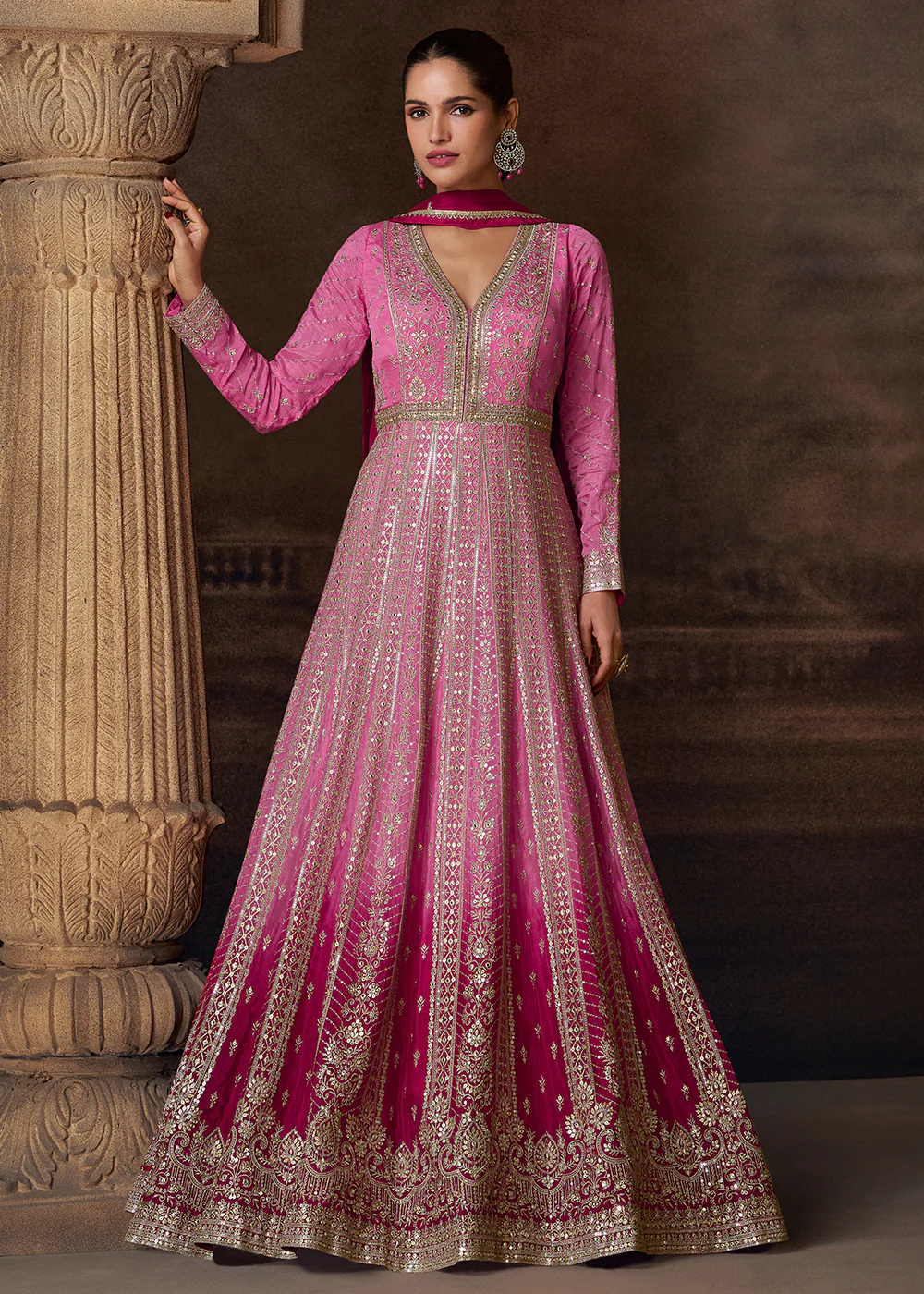 Ombre Pink Heavy Embroidered Wedding Anarkali Gown