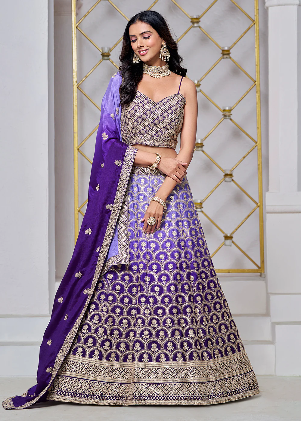Ombre Purple Chinnon Embroidered Festive Lehenga Choli