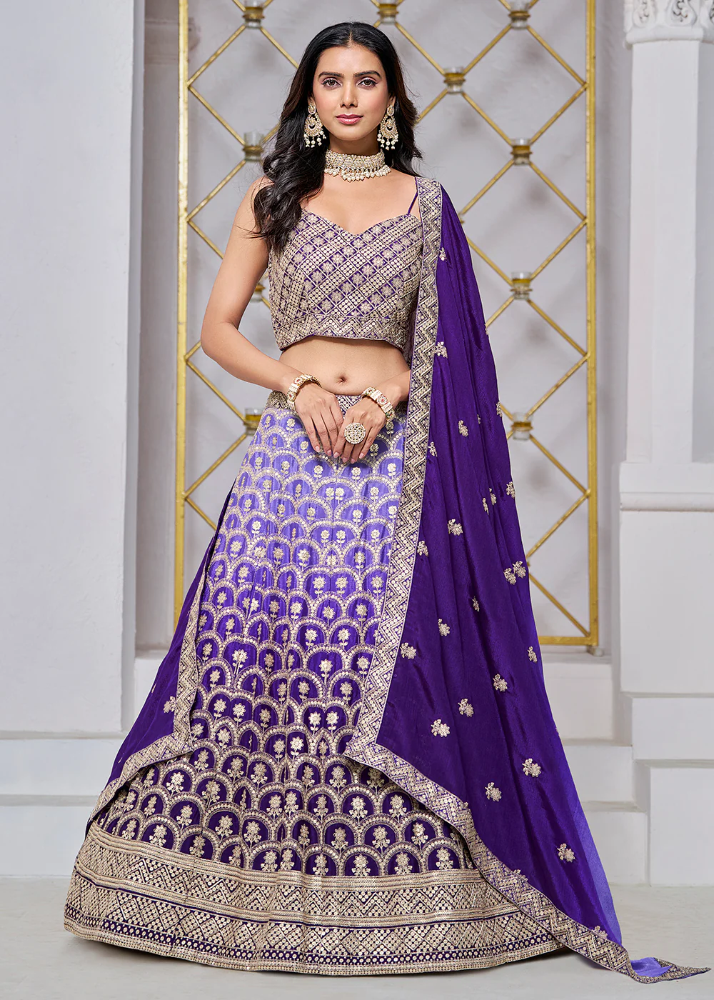 Ombre Purple Chinnon Embroidered Festive Lehenga Choli - Image 4