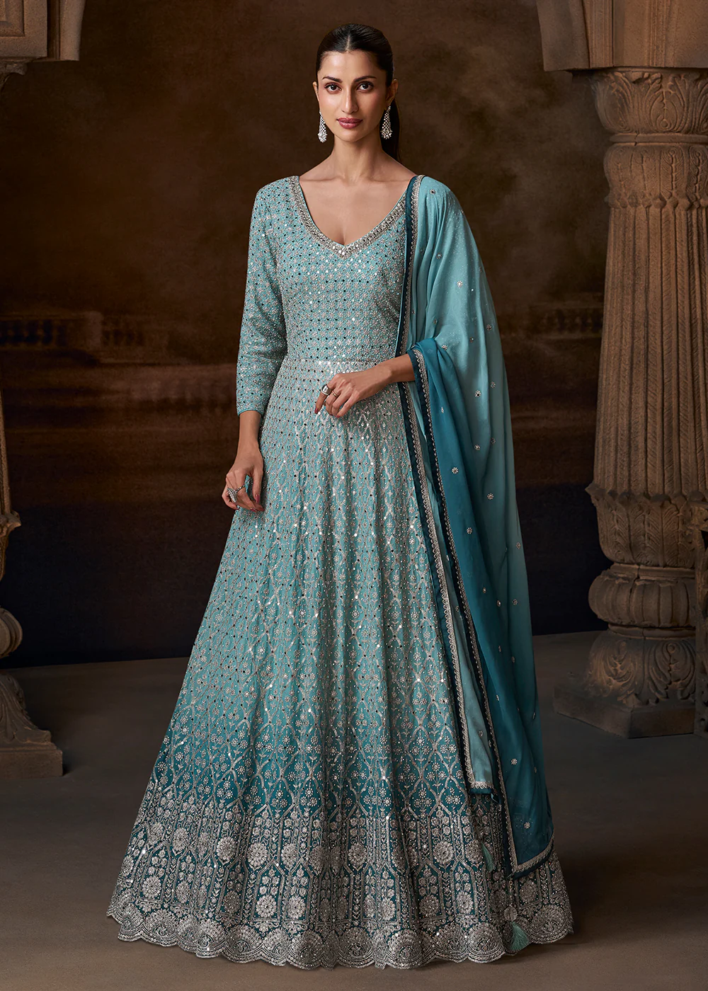 Ombre Sea Blue Heavy Embroidered Wedding Anarkali Gown