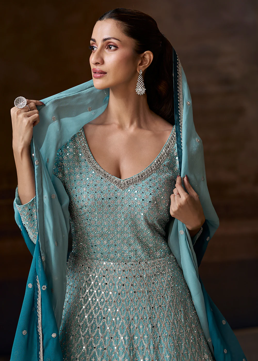 Ombre Sea Blue Heavy Embroidered Wedding Anarkali Gown - Image 2