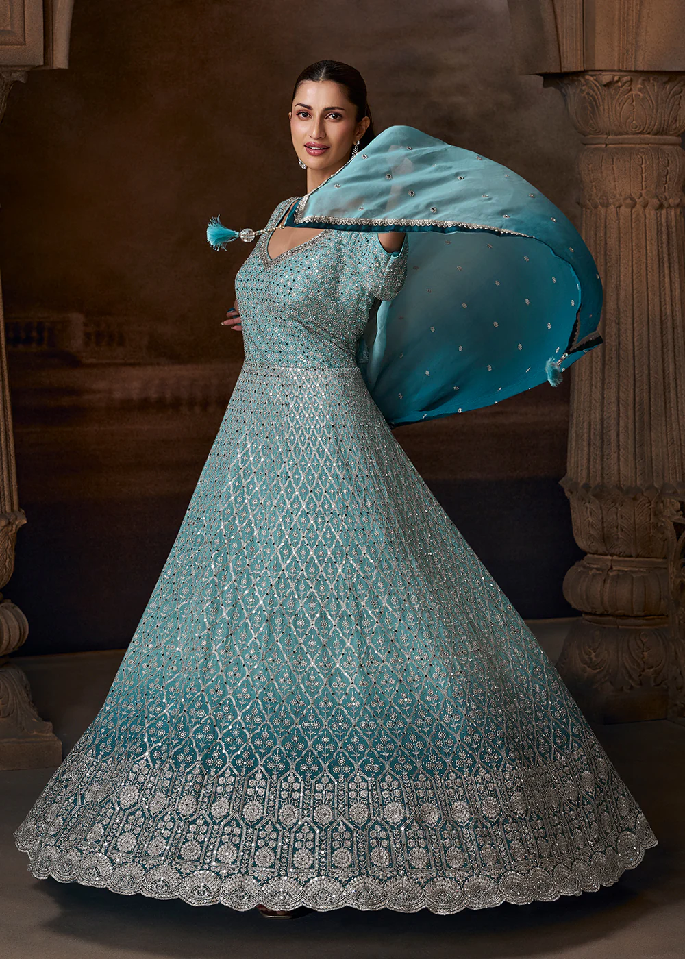 Ombre Sea Blue Heavy Embroidered Wedding Anarkali Gown - Image 3