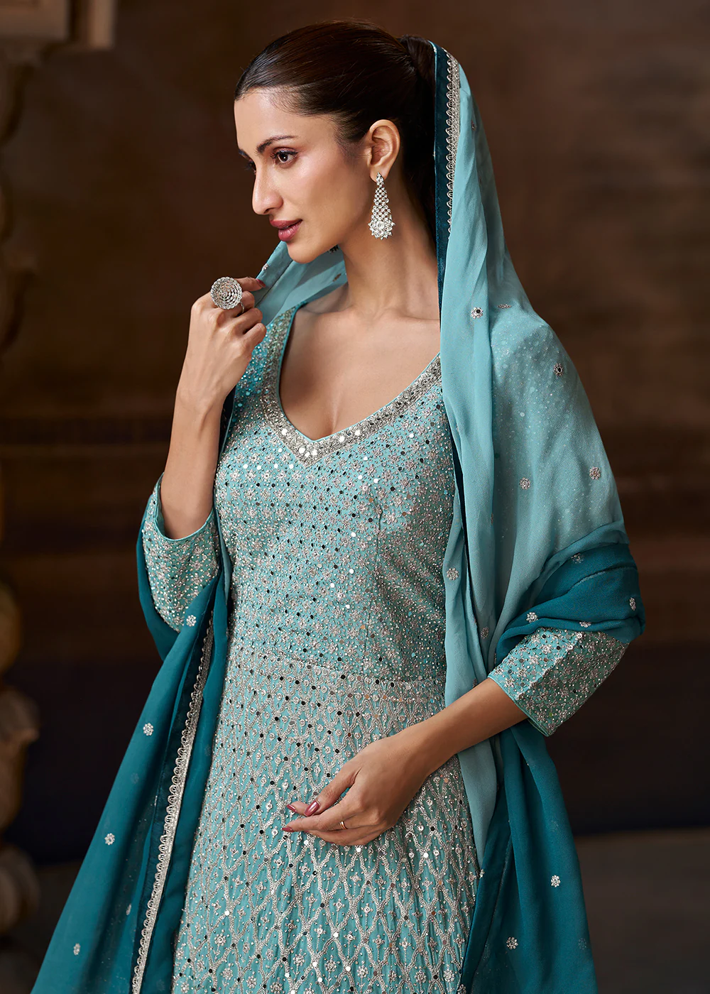 Ombre Sea Blue Heavy Embroidered Wedding Anarkali Gown - Image 4