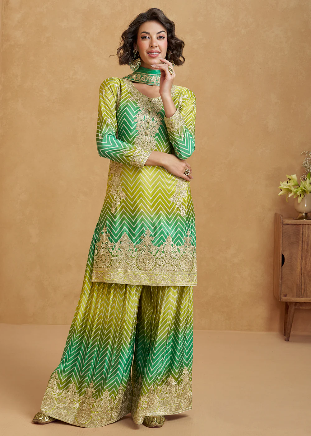 Ombre Style Lime & Green Festive Wear Palazzo Suit - Image 3