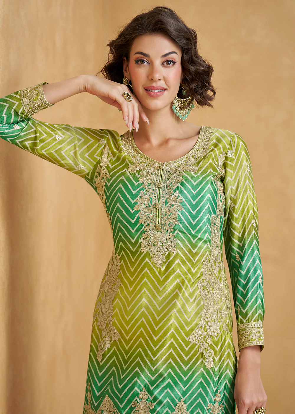 Ombre Style Lime & Green Festive Wear Palazzo Suit - Image 4