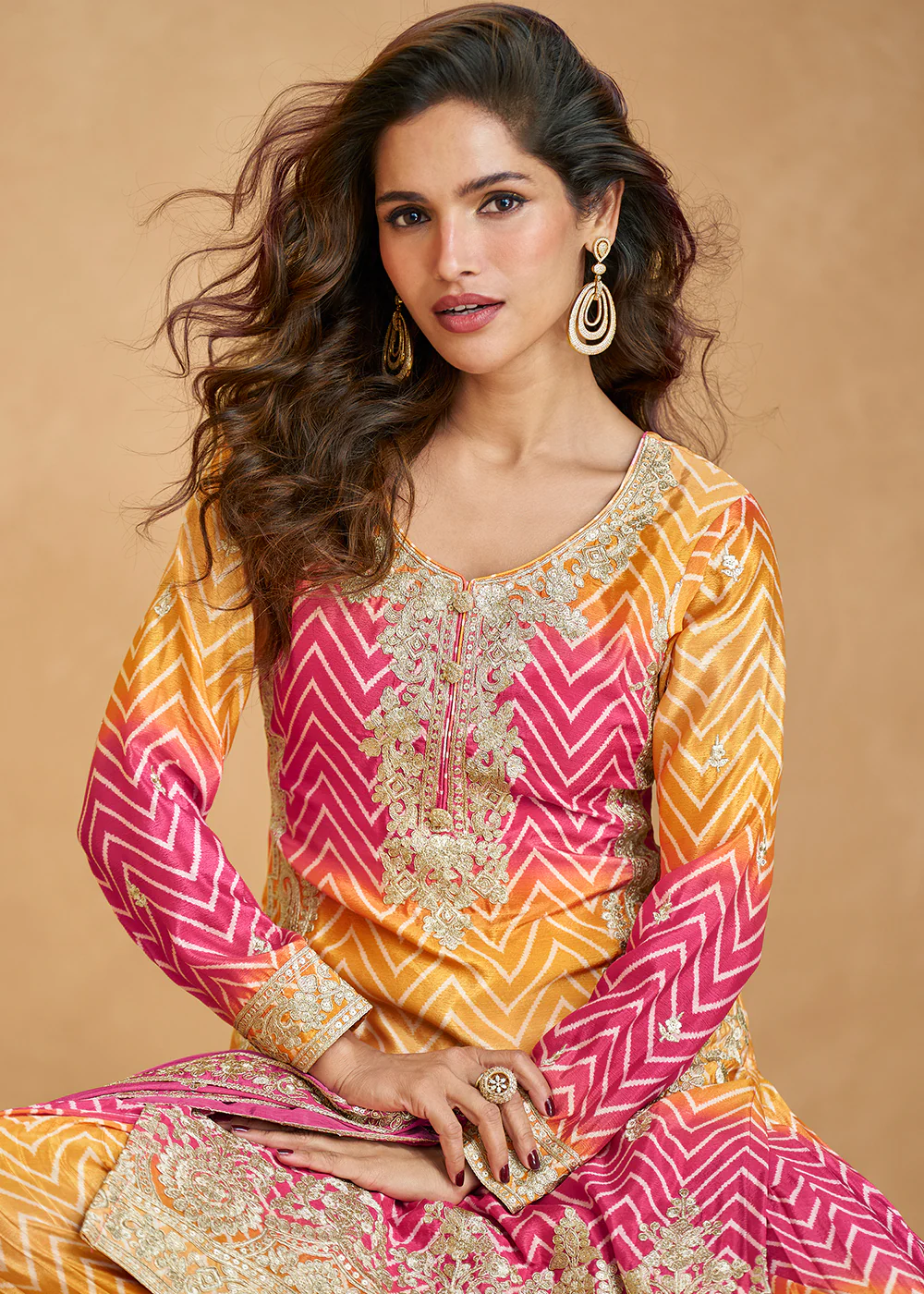 Ombre Style Mustard & Pink Festive Wear Palazzo Suit - Image 2