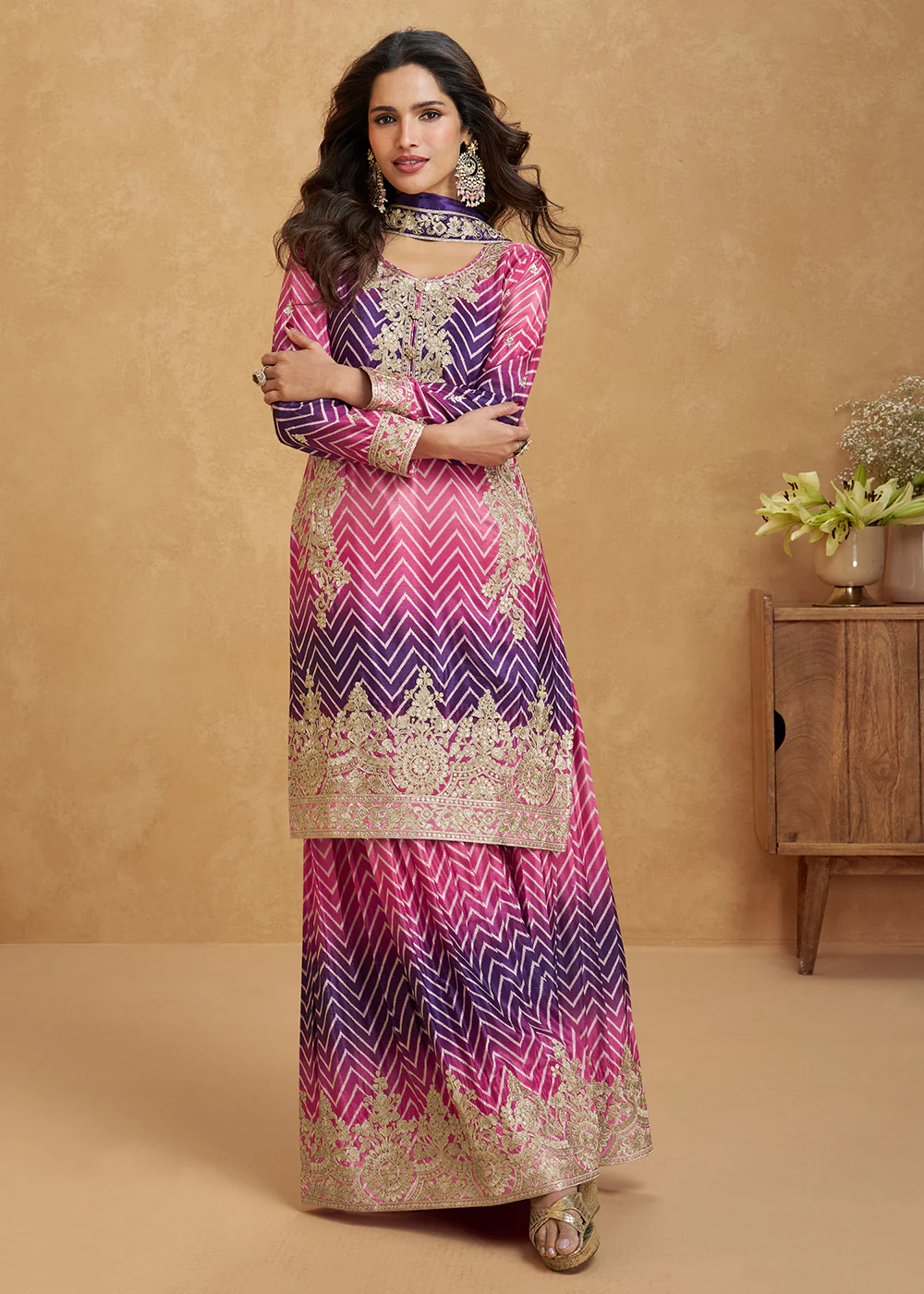 Ombre Style Pink & Purple Festive Wear Palazzo Suit