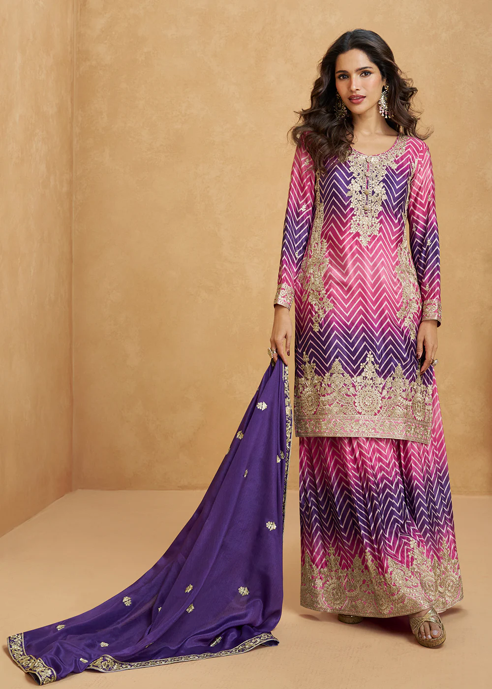 Ombre Style Pink & Purple Festive Wear Palazzo Suit - Image 3