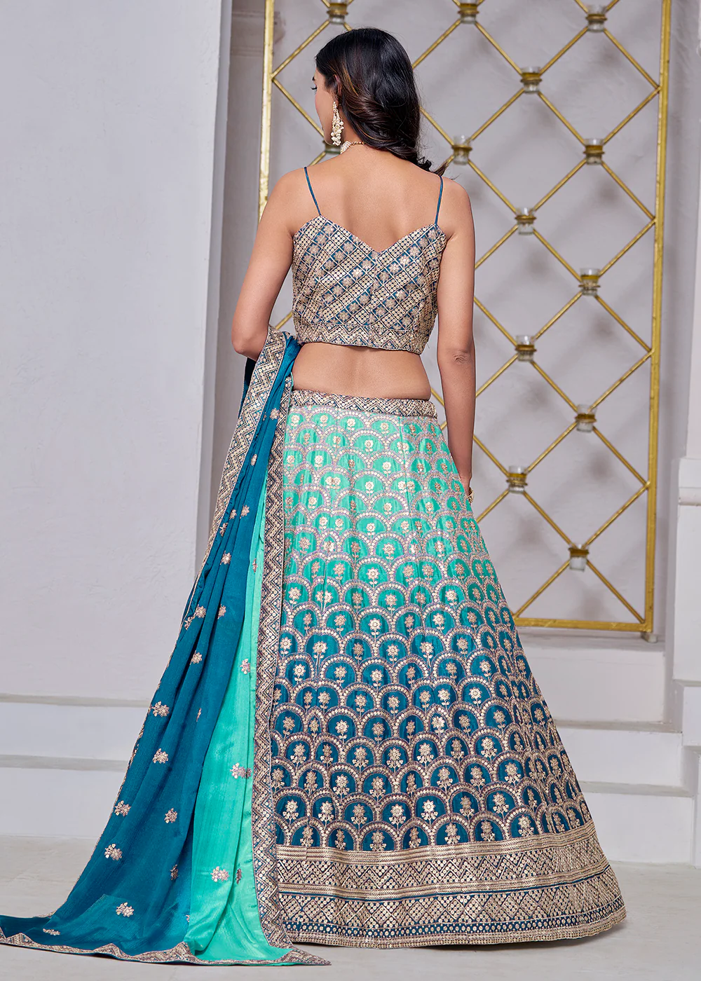 Ombre Teal Chinnon Embroidered Festive Lehenga Choli - Image 3