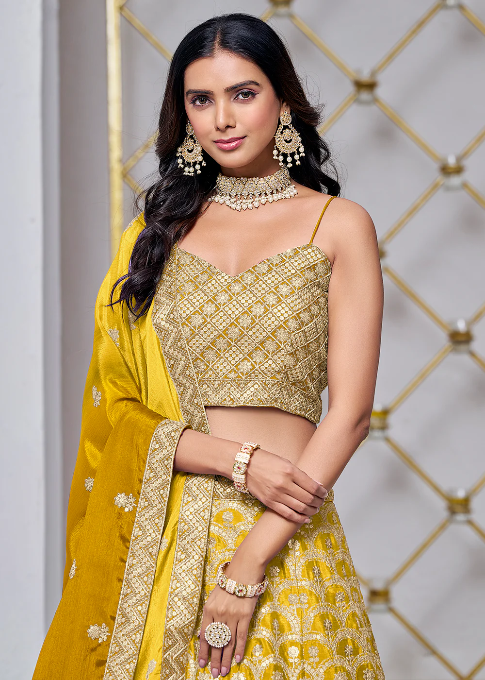 Ombre Yellow Chinnon Embroidered Festive Lehenga Choli - Image 2