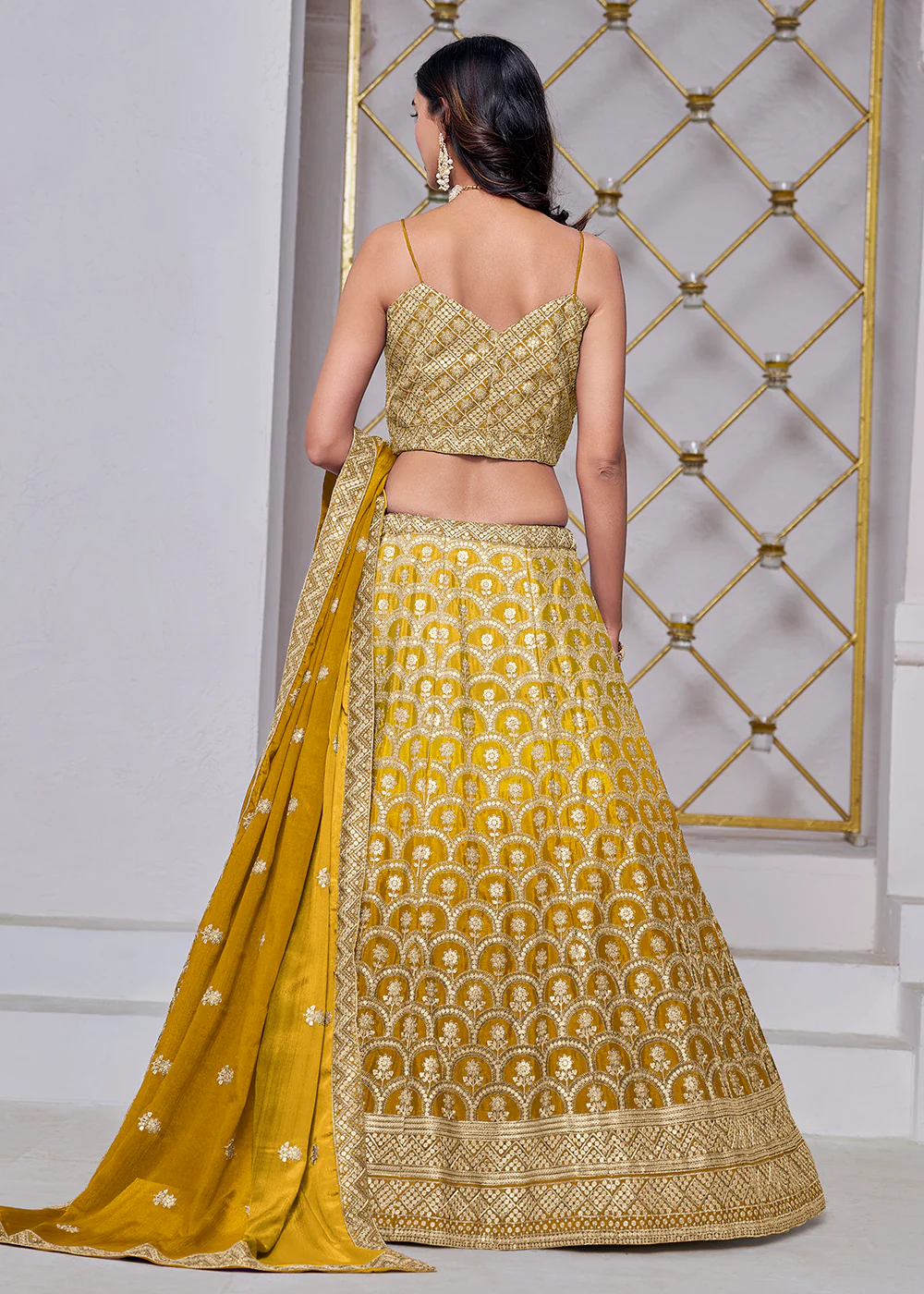 Ombre Yellow Chinnon Embroidered Festive Lehenga Choli - Image 3