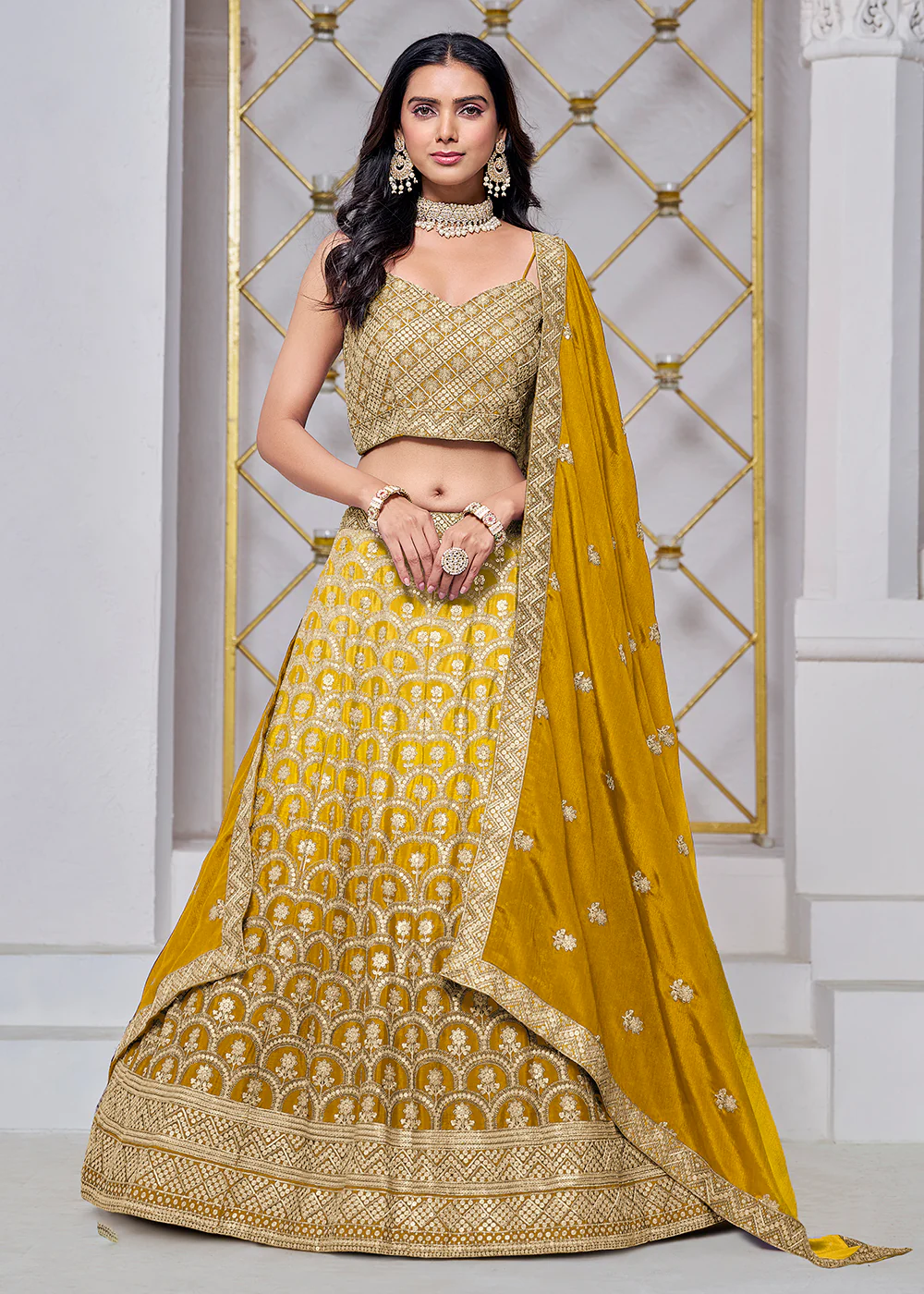 Ombre Yellow Chinnon Embroidered Festive Lehenga Choli - Image 4