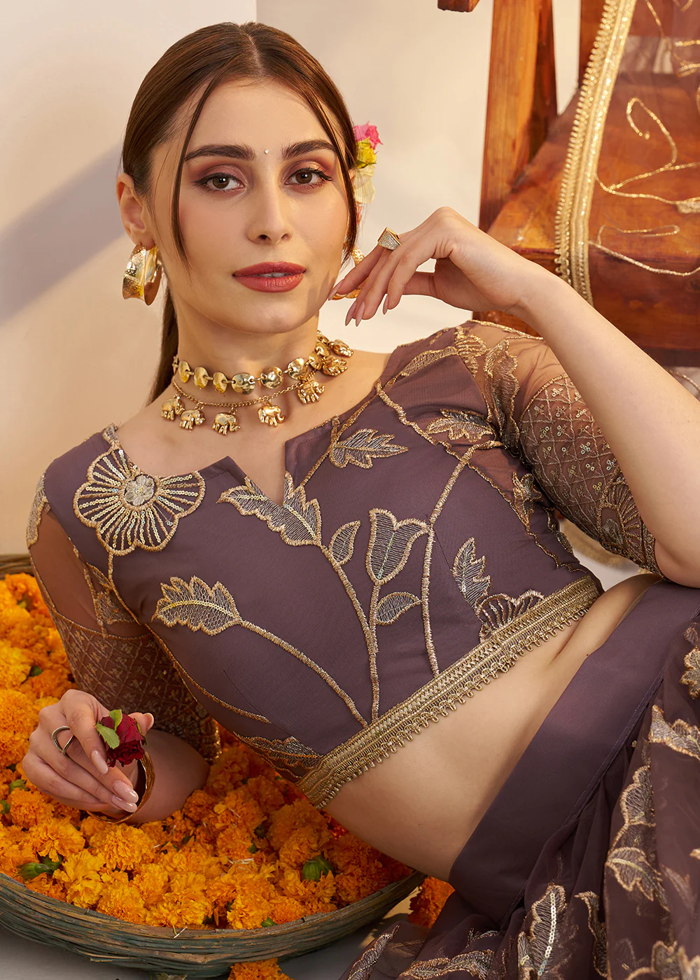 Onion Mauve Net Wedding Party Wear Lehenga Choli - Image 2