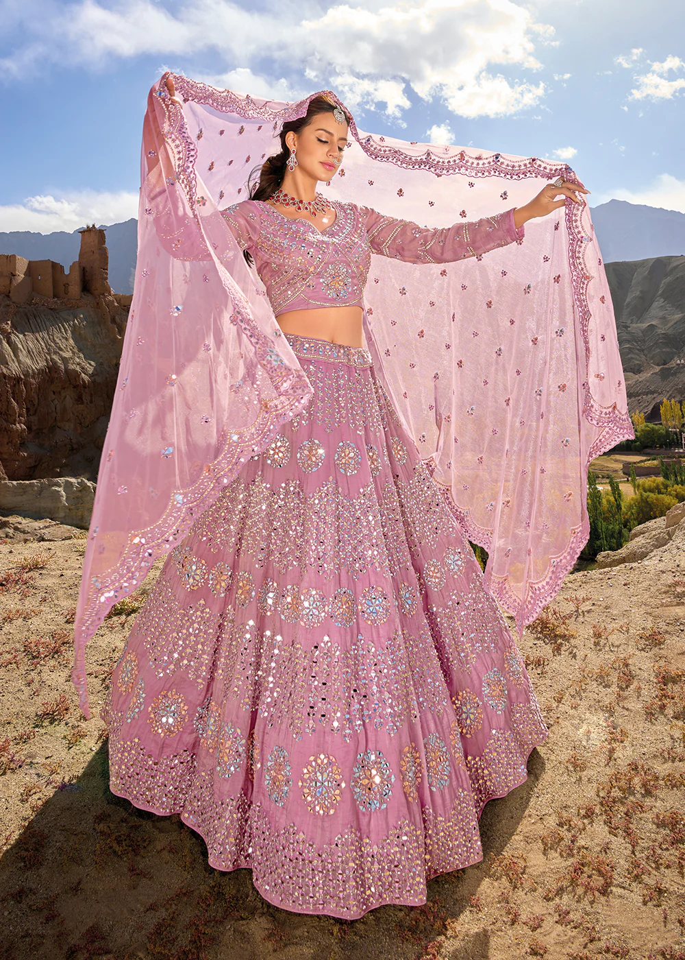 Onion Pink Embroidered Organza Designer Bridal Lehenga Choli - Image 4