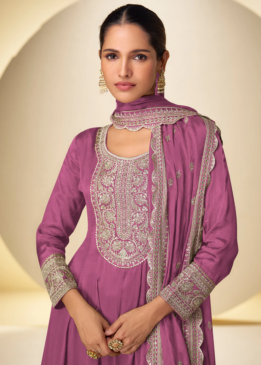 Onion Pink Festive Style Embroidered Palazzo Suit - Image 2