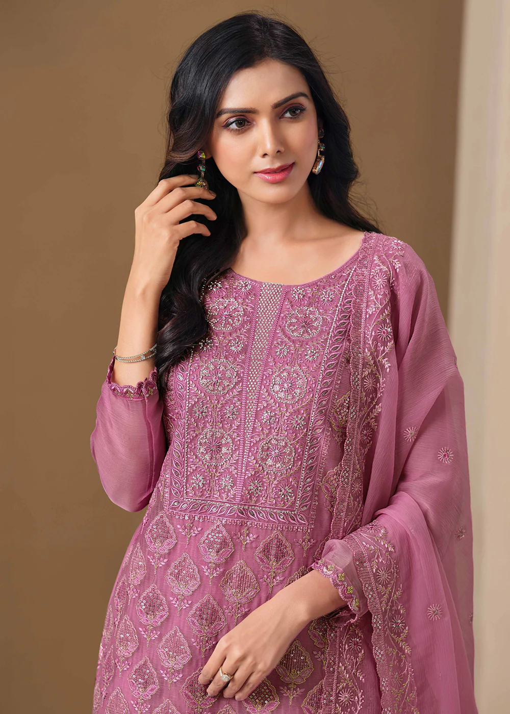 Onion Pink Lucknowi & Zarkan Embroidered Festive Salwar Suit - Image 2