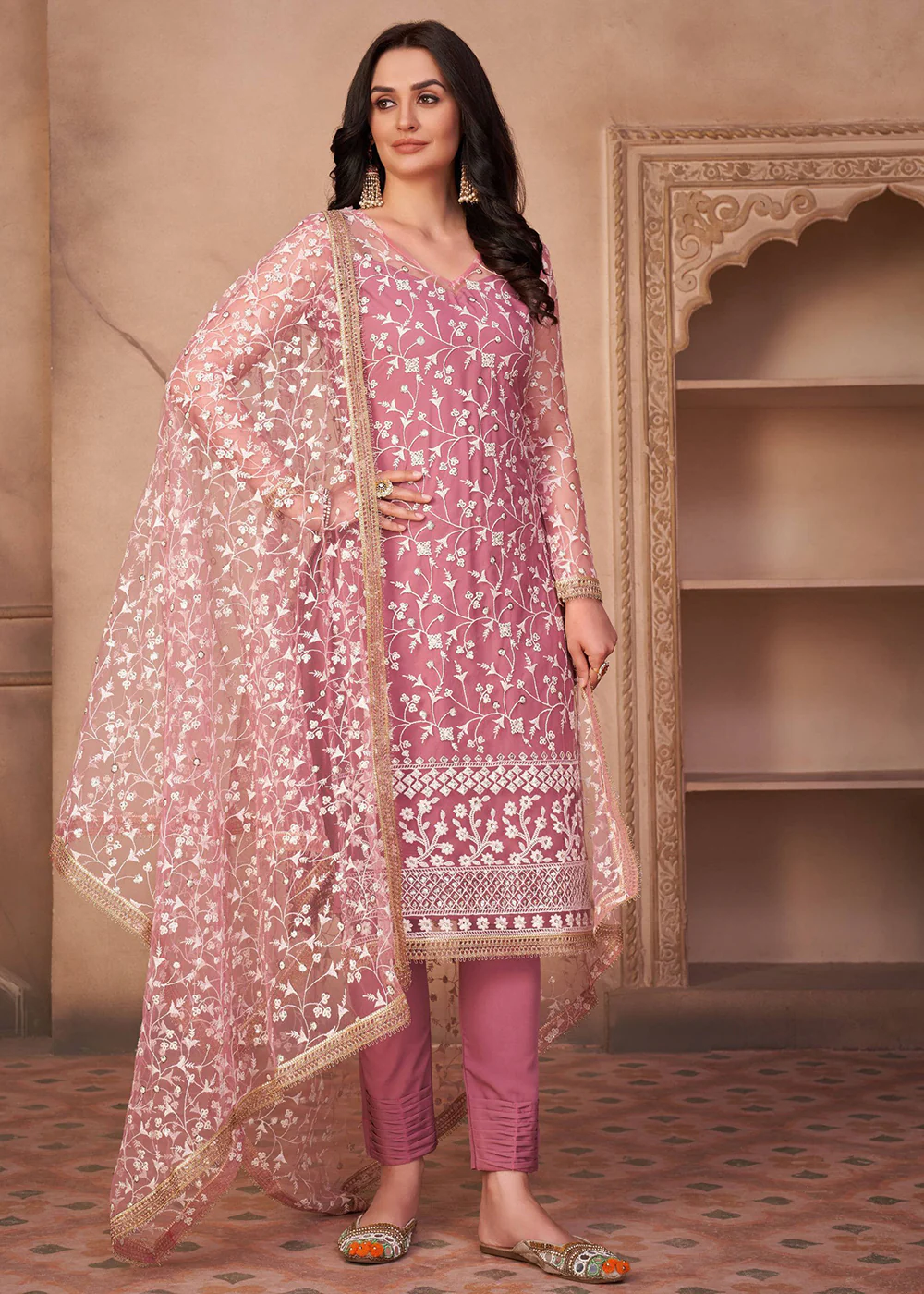 Onion Pink Mono Net Festival Wear Pant Suit - Image 3