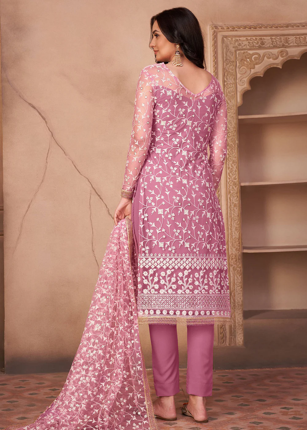 Onion Pink Mono Net Festival Wear Pant Suit - Image 4