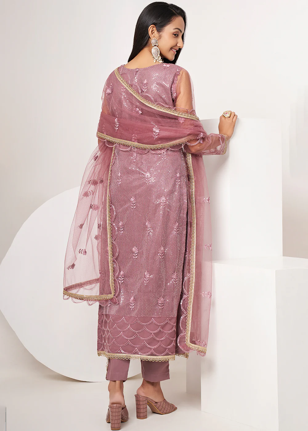 Onion Pink Net Embroidered Festive Salwar Suit - Image 3
