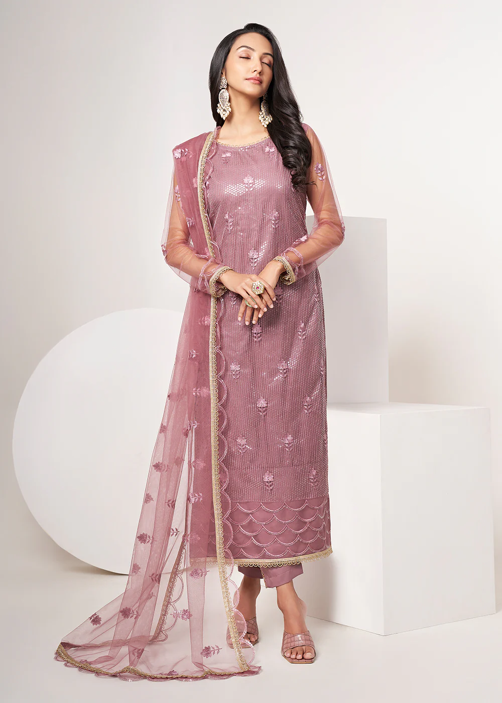 Onion Pink Net Embroidered Festive Salwar Suit - Image 4