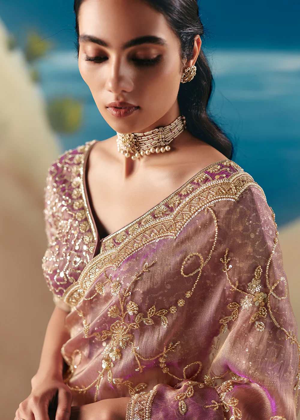 Onion Pink Satin Organza Fancy Designer Saree - Image 2