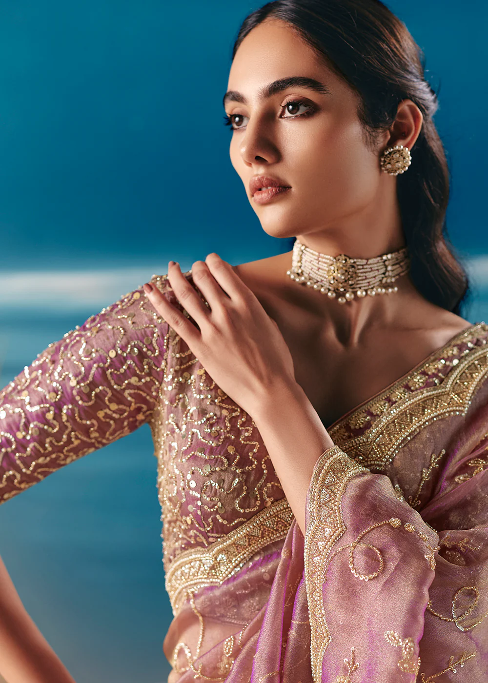 Onion Pink Satin Organza Fancy Designer Saree - Image 5