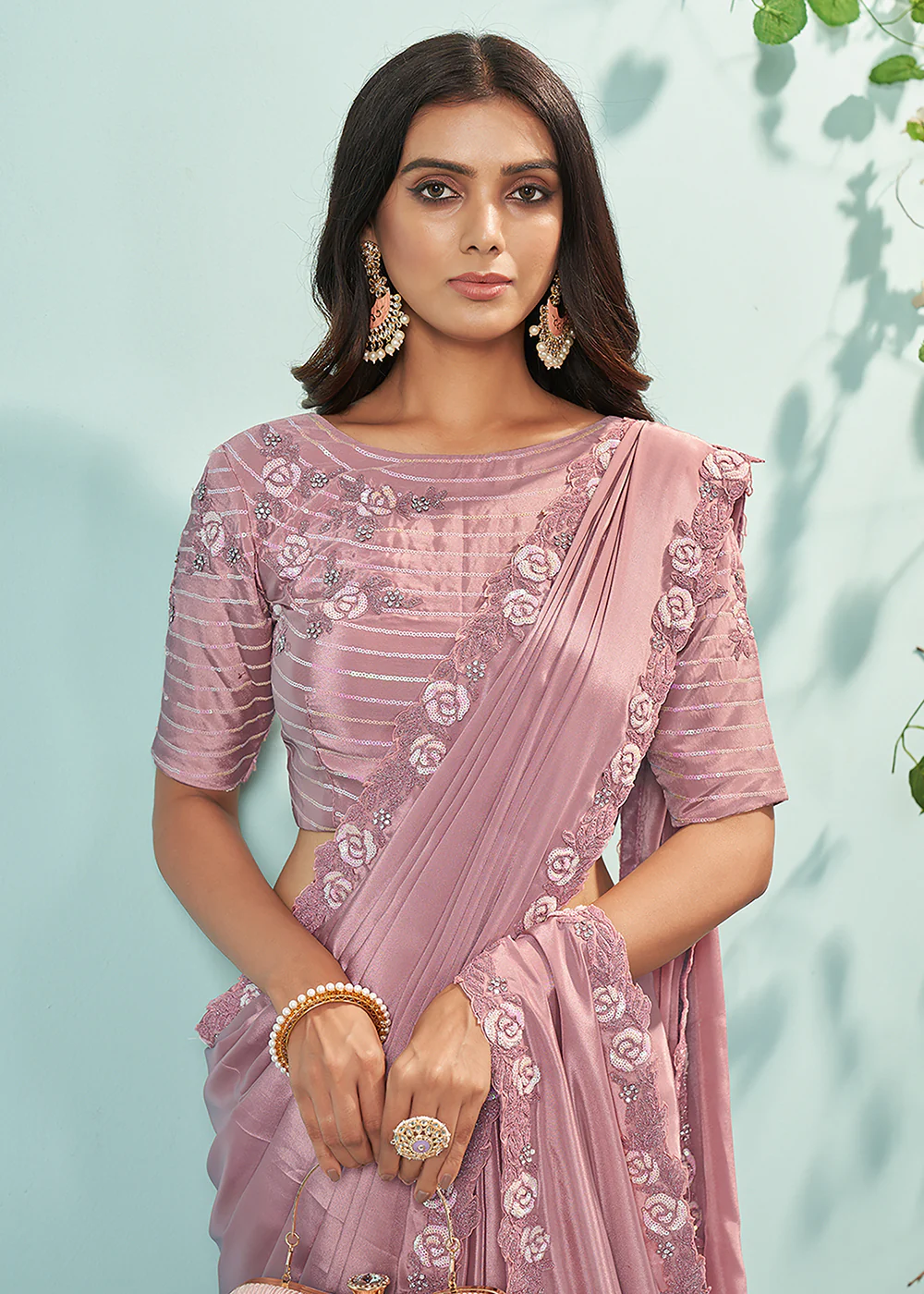Onion Pink Silk Crepe Embroidered Designer Saree - Image 2