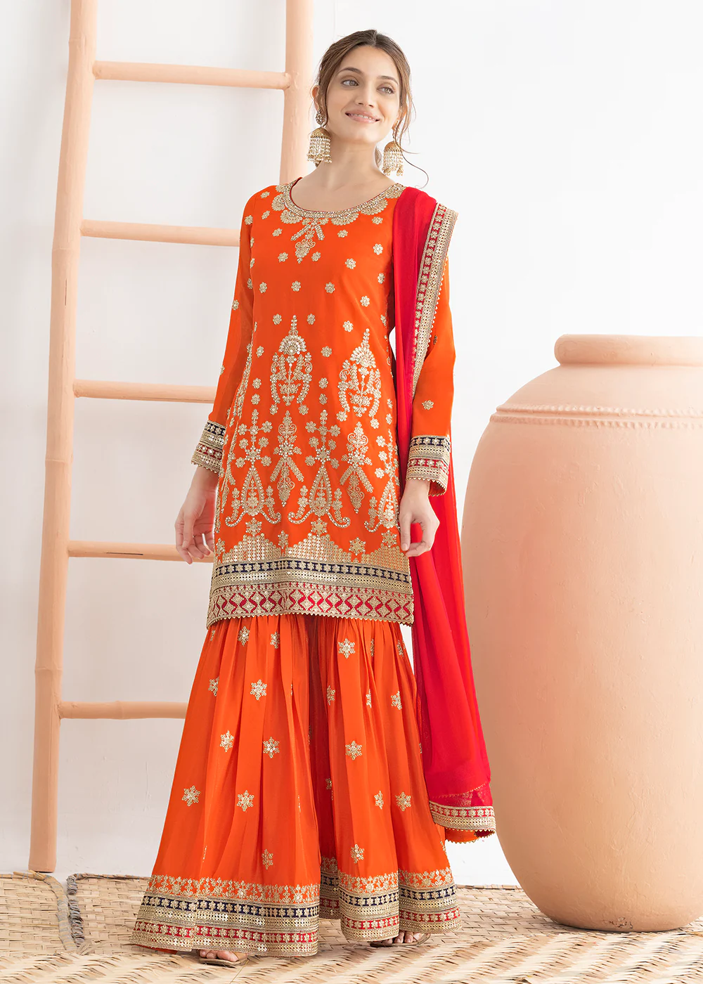 Orange Beautiful Dabka Dori Gharara Style Suit