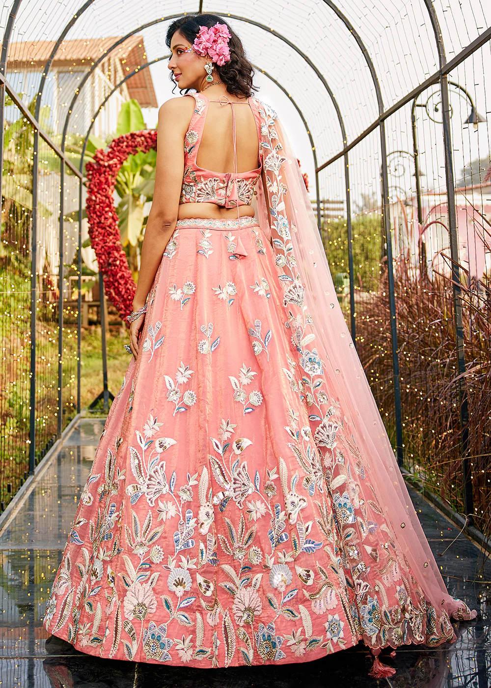 Orange Bridal Net Embroidered Reception Lehenga Choli - Image 3
