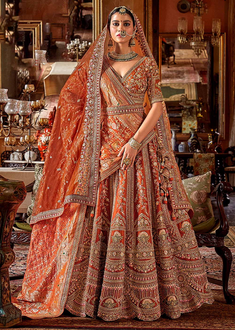 Orange Bridal Silk Sabyasachi Inspired Lehenga Choli