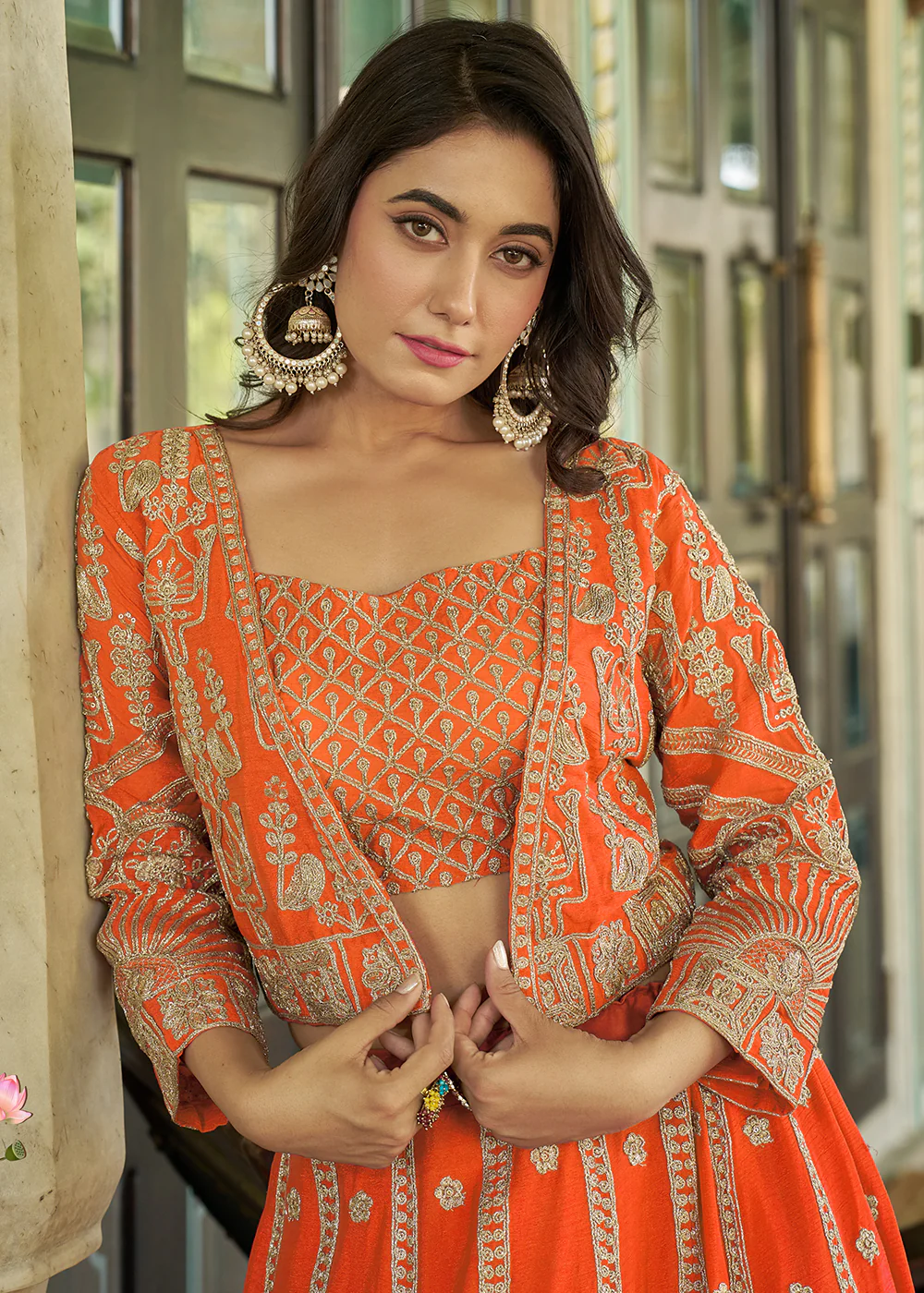 Orange Chinnon Heavy Embroidered Koti Style Lehenga Choli - Image 2
