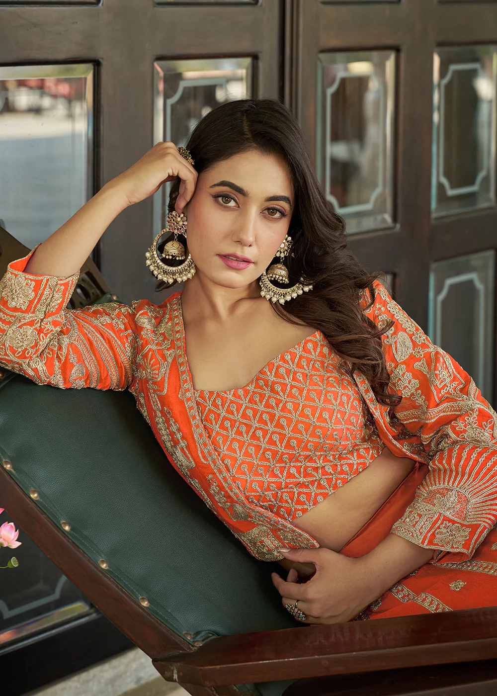 Orange Chinnon Heavy Embroidered Koti Style Lehenga Choli - Image 5
