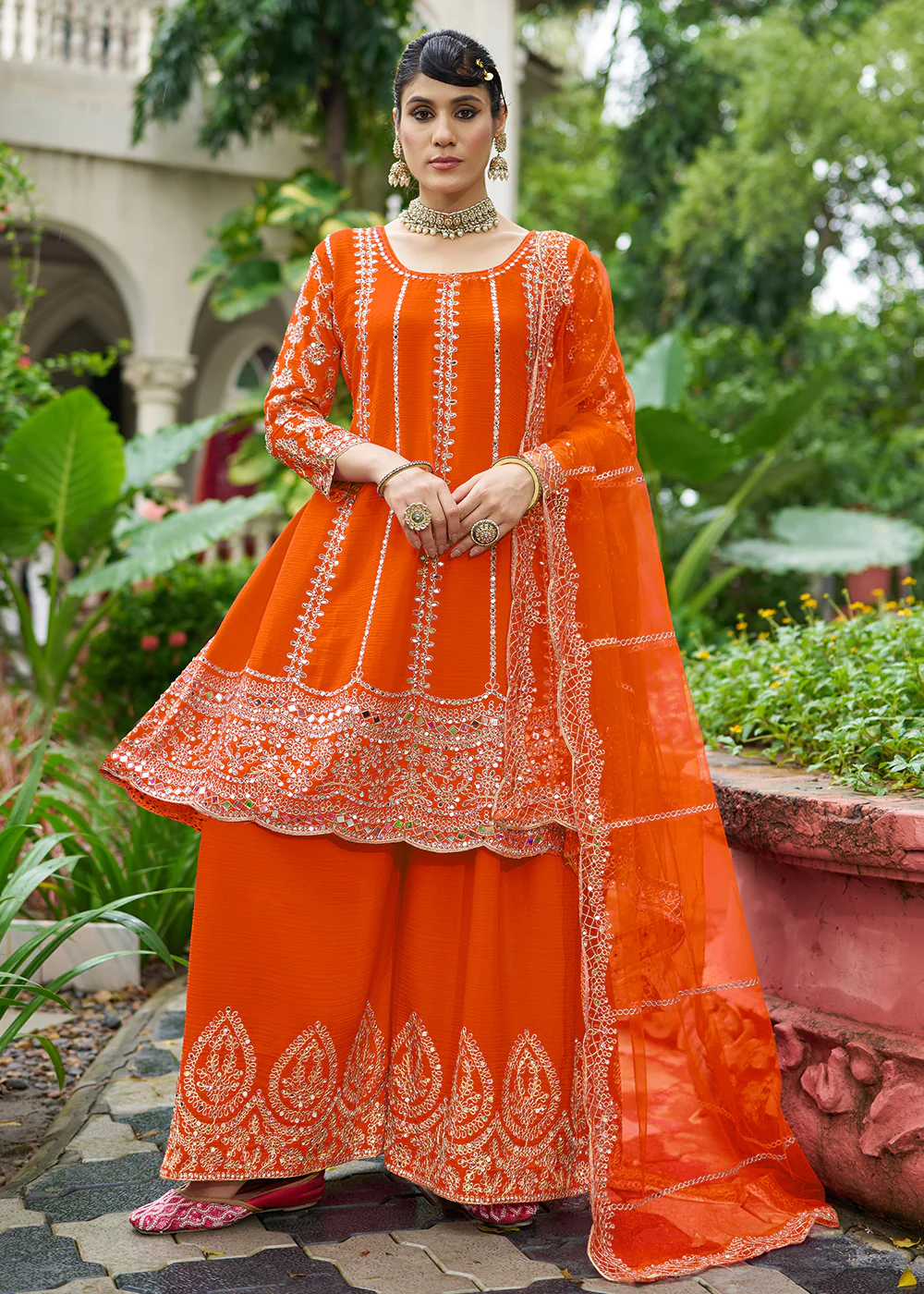 Orange Chinnon Mirror Embroidered Palazzo Style Suit