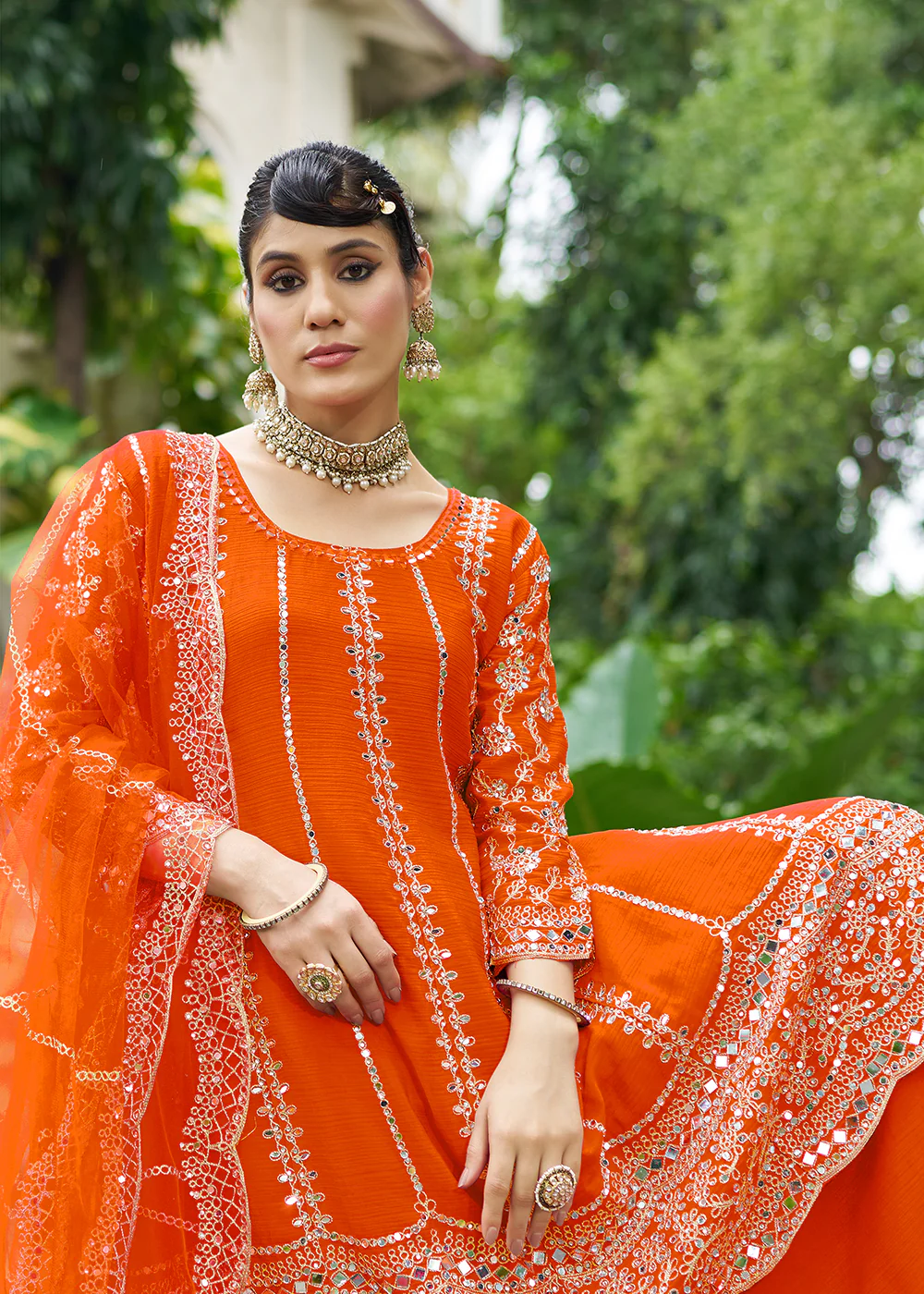 Orange Chinnon Mirror Embroidered Palazzo Style Suit - Image 5