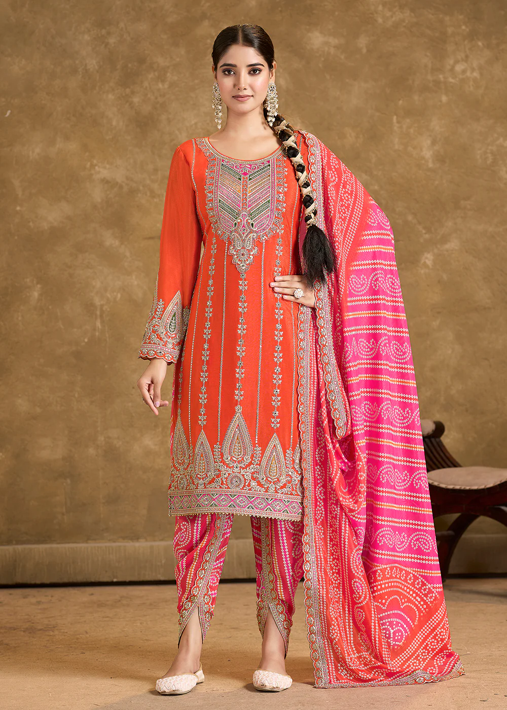 Orange Chinnon Punjabi Style Dhoti Style Salwar Suit