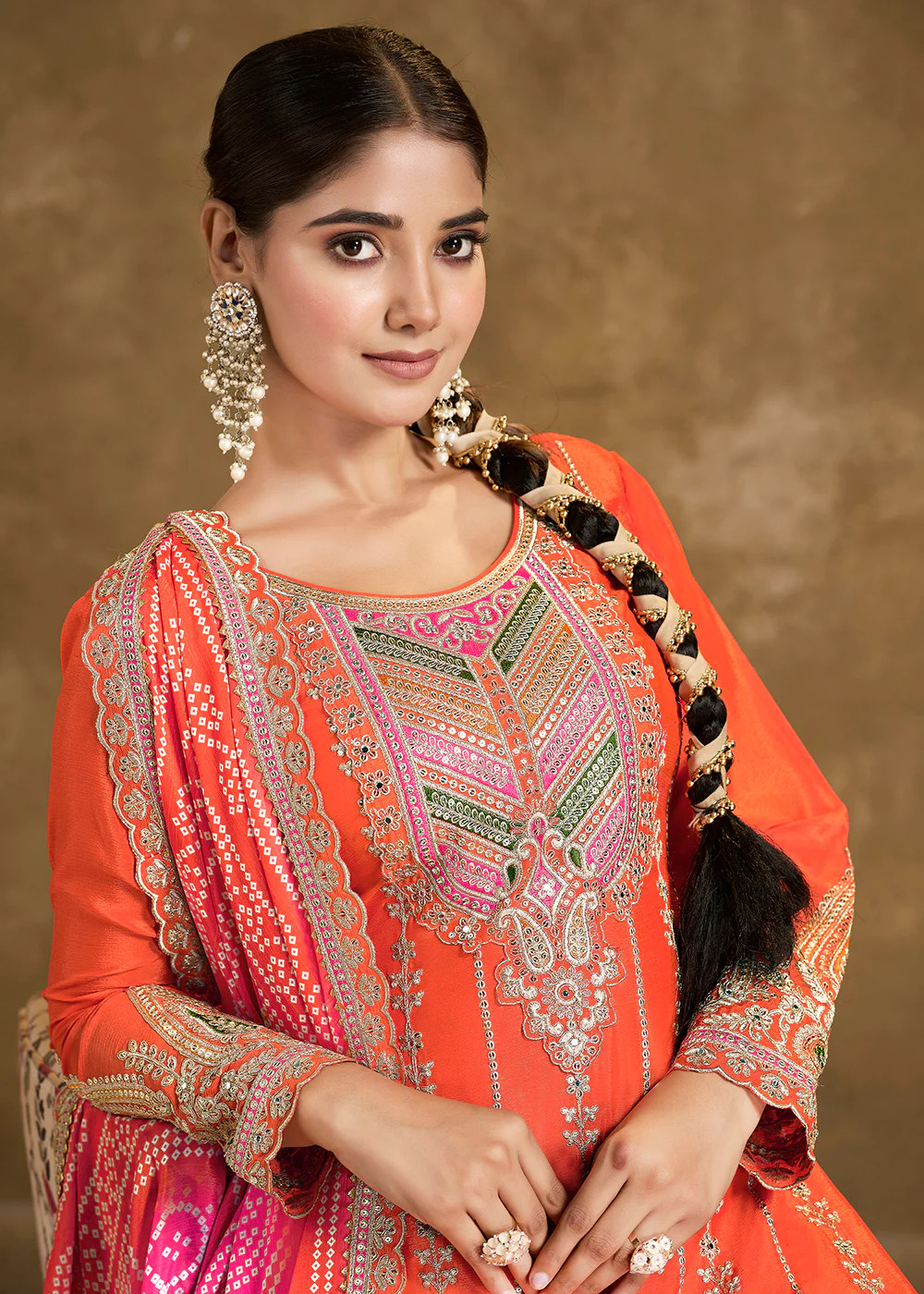 Orange Chinnon Punjabi Style Dhoti Style Salwar Suit - Image 2