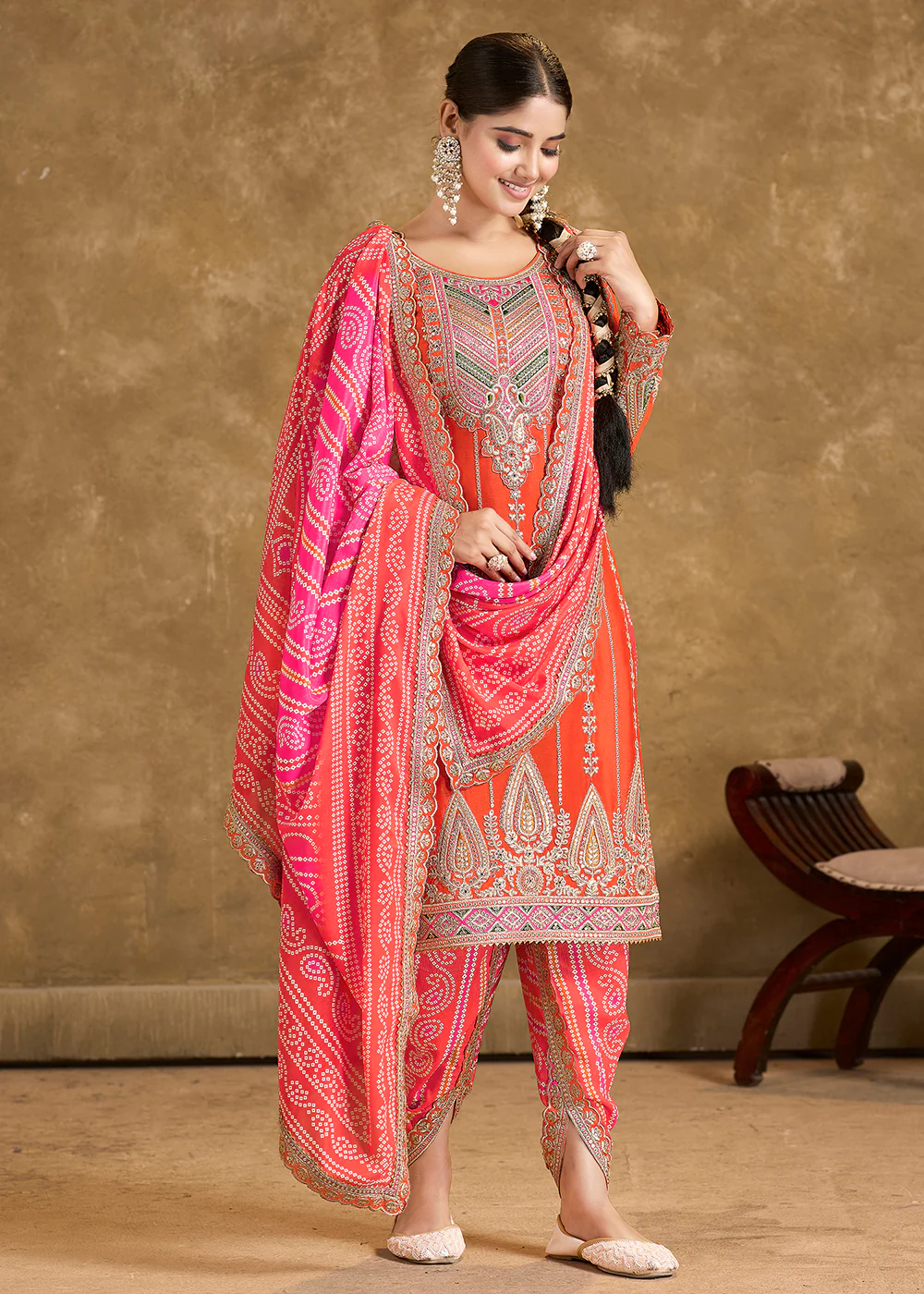 Orange Chinnon Punjabi Style Dhoti Style Salwar Suit - Image 3