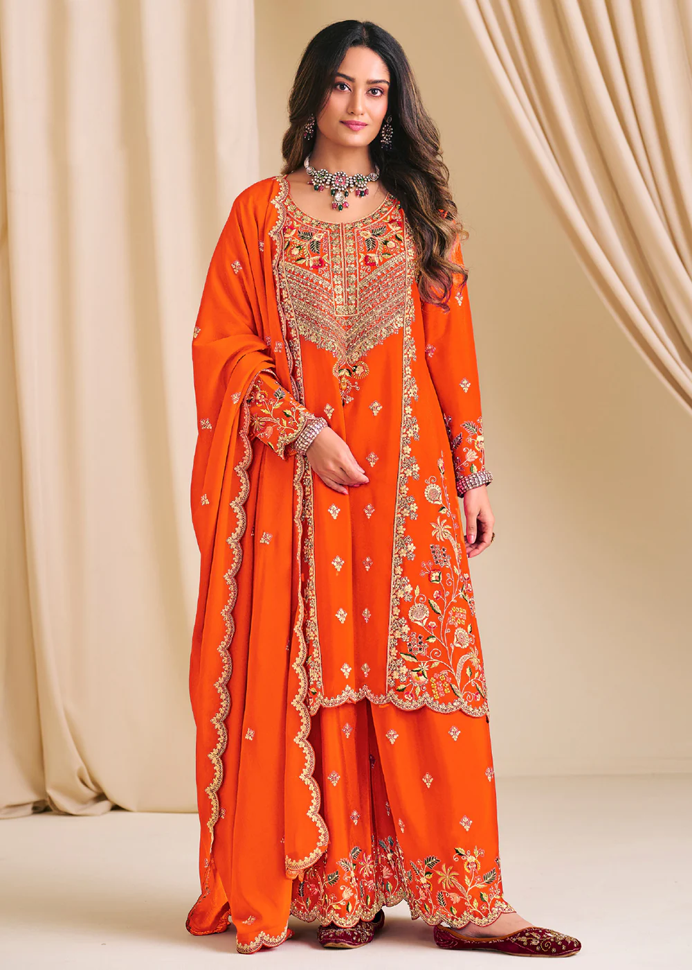 Orange Chinnon Silk Festive Flared Palazzo Suit