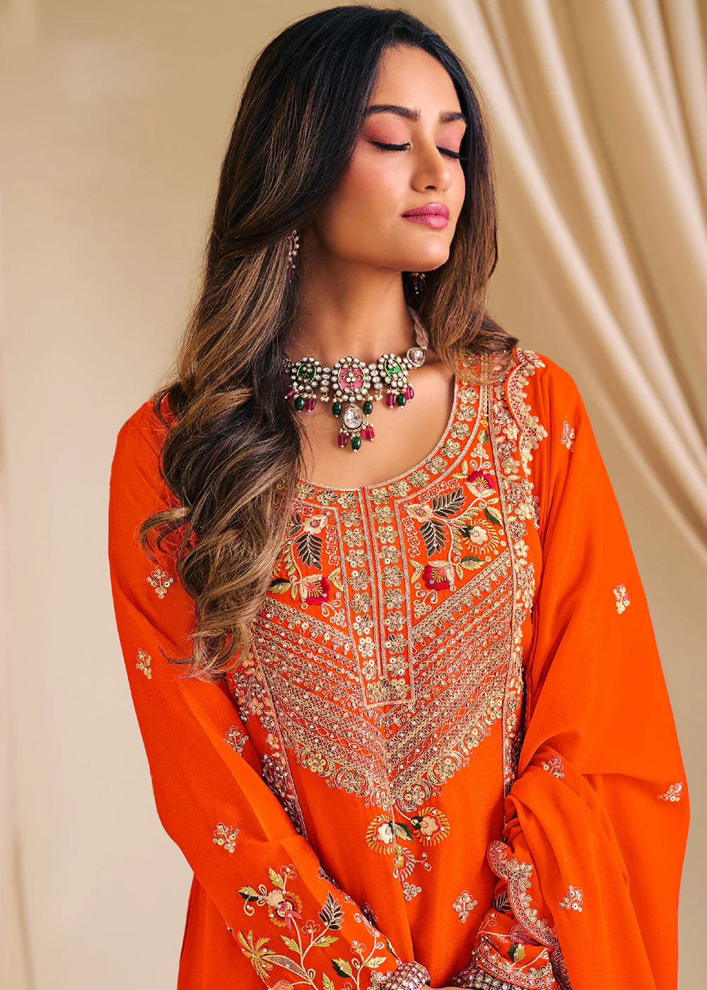 Orange Chinnon Silk Festive Flared Palazzo Suit - Image 2