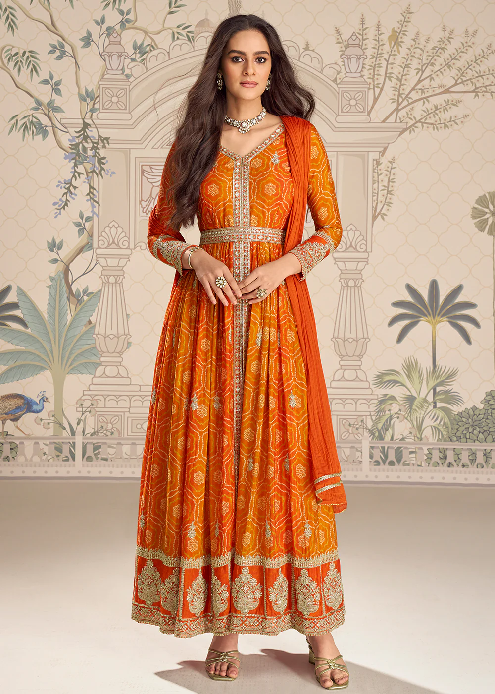 Orange Chinnon Silk Slit Frock Style Anarkali Dress