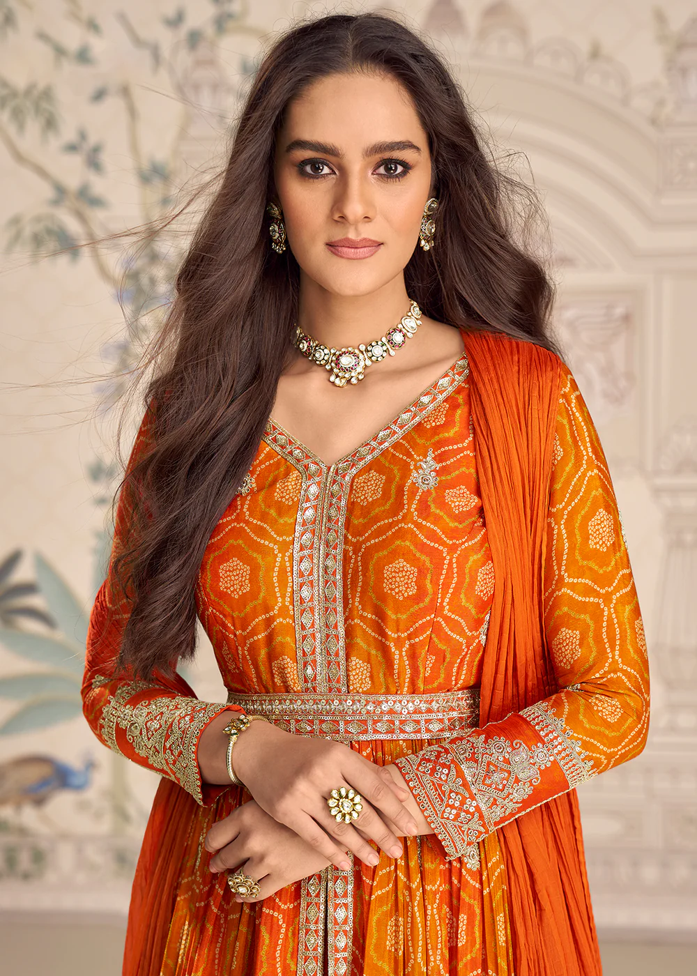 Orange Chinnon Silk Slit Frock Style Anarkali Dress - Image 2
