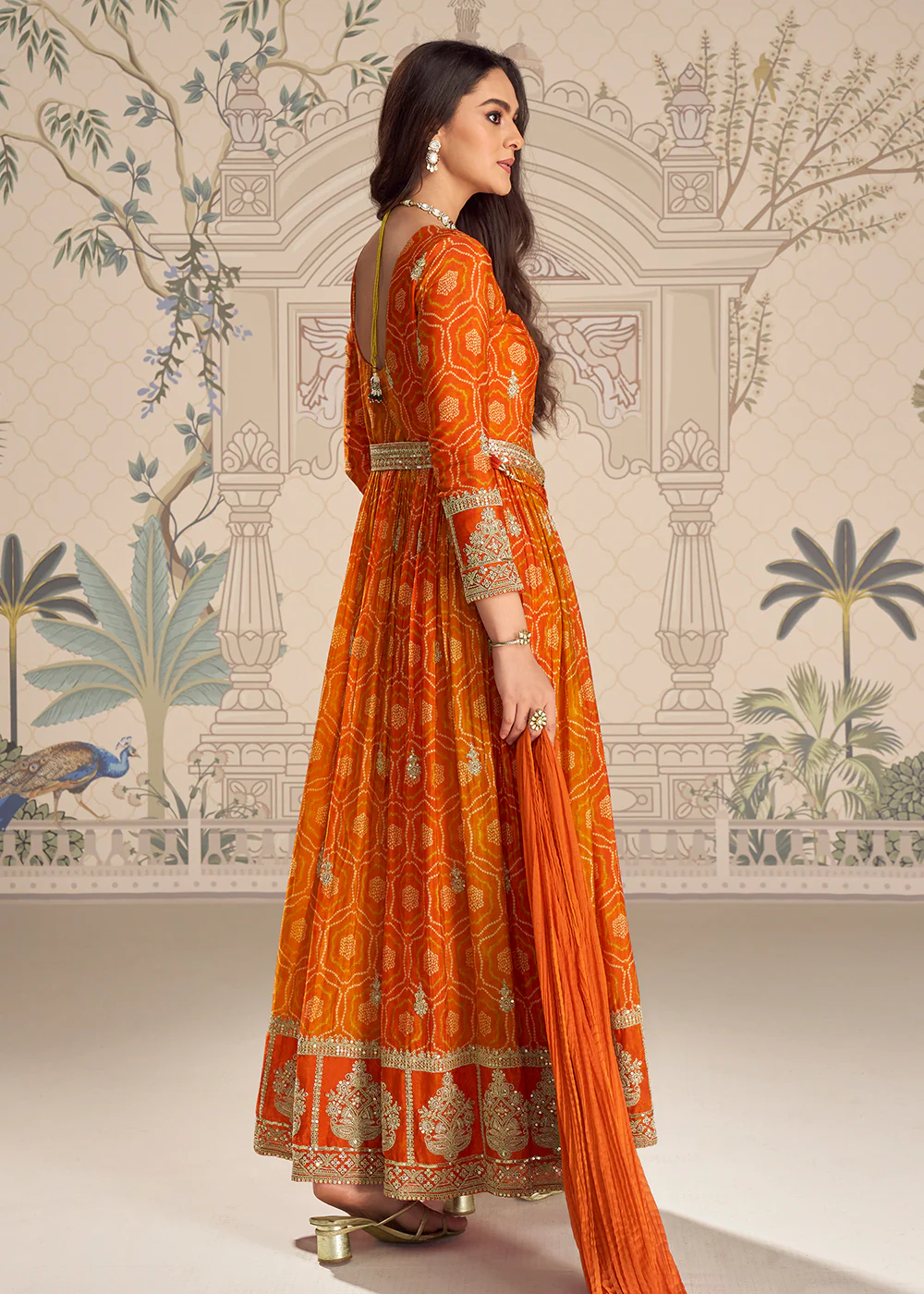 Orange Chinnon Silk Slit Frock Style Anarkali Dress - Image 3