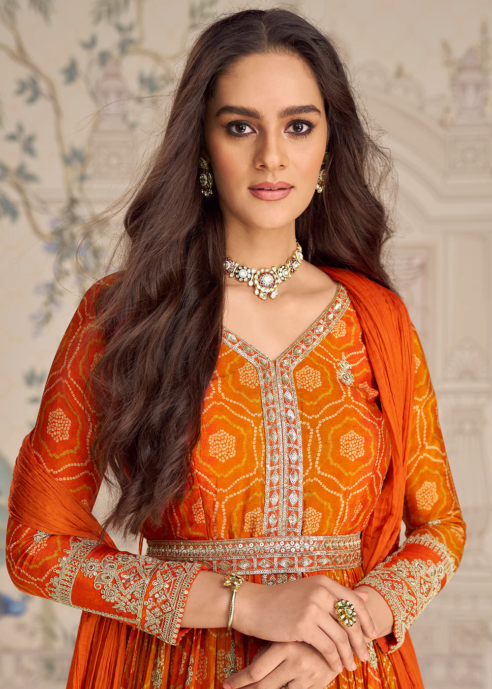 Orange Chinnon Silk Slit Frock Style Anarkali Dress - Image 4
