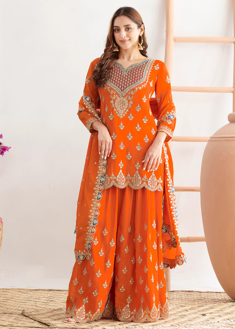 Orange Dabka Dori & Sequins Palazzo Style Suit