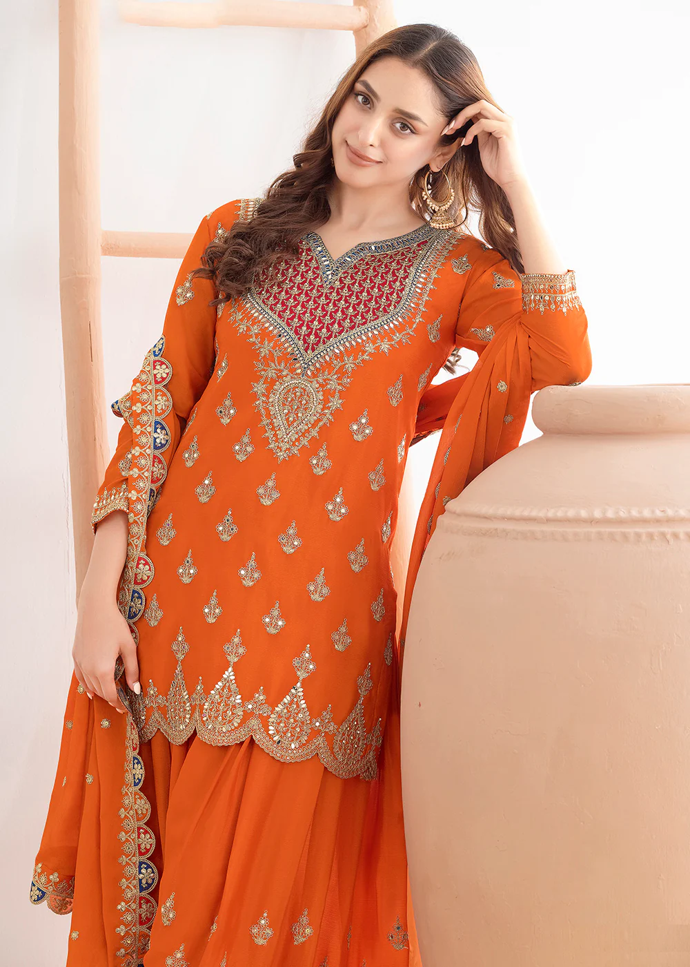 Orange Dabka Dori & Sequins Palazzo Style Suit - Image 2