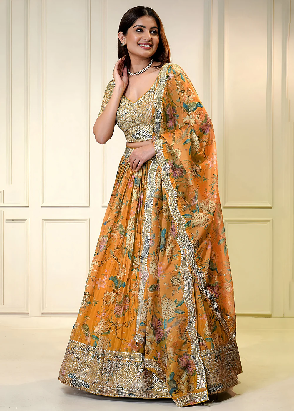 Orange Digital Floral Printed Organza Lehenga Choli