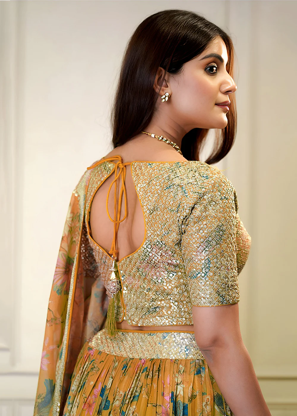 Orange Digital Floral Printed Organza Lehenga Choli - Image 3