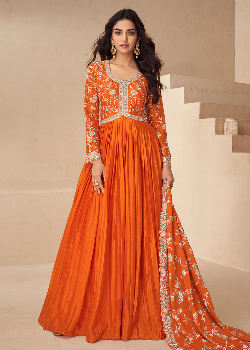 Orange Embroidered Chinnon Festive Anarkali Dress