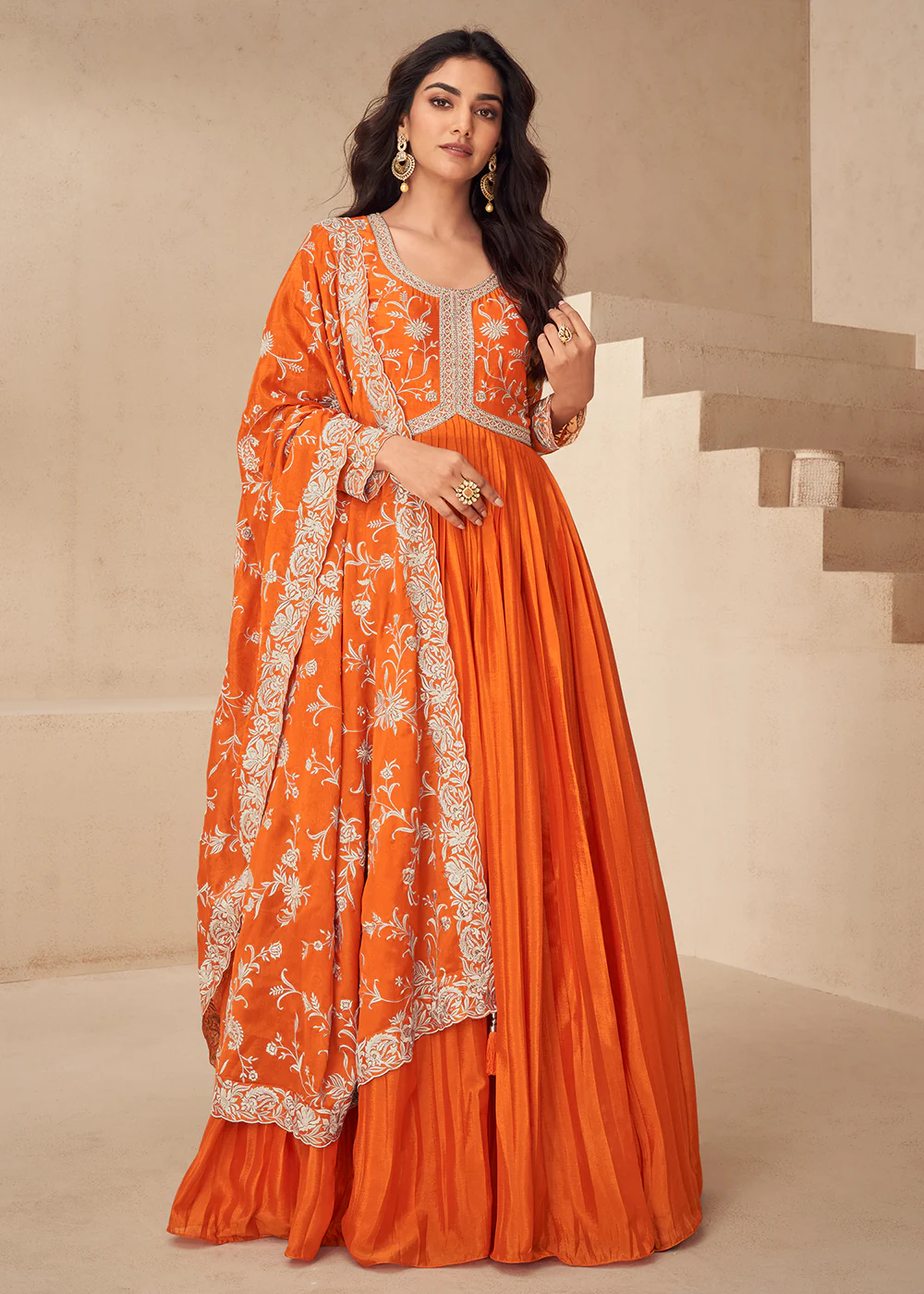 Orange Embroidered Chinnon Festive Anarkali Dress - Image 3